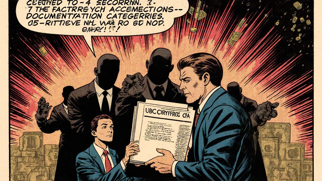 Comic book style scene of a client giving crypto records to a CPA while IRS agents loom in the background.