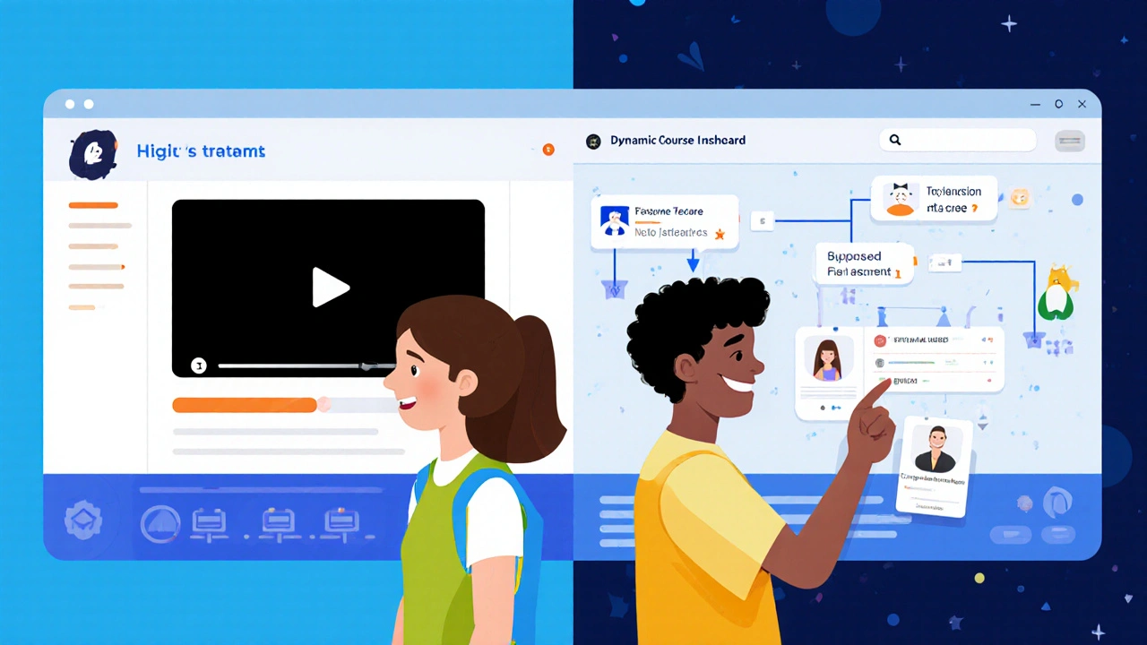 Contrasting images of rigid vs. personalized learning interfaces showing frustration and empowerment.