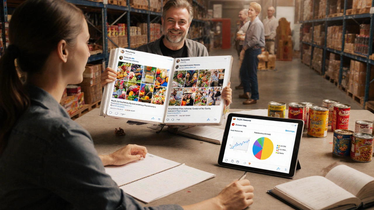 Designer presenting a food bank campaign with before-and-after mockups to a client.