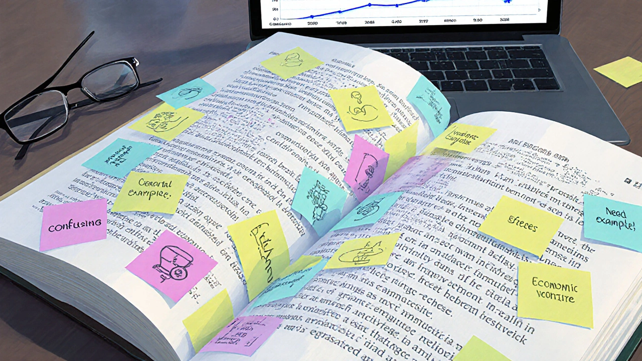 Digital annotations on a textbook revealing student comments, with instructor dashboard showing improved comprehension.