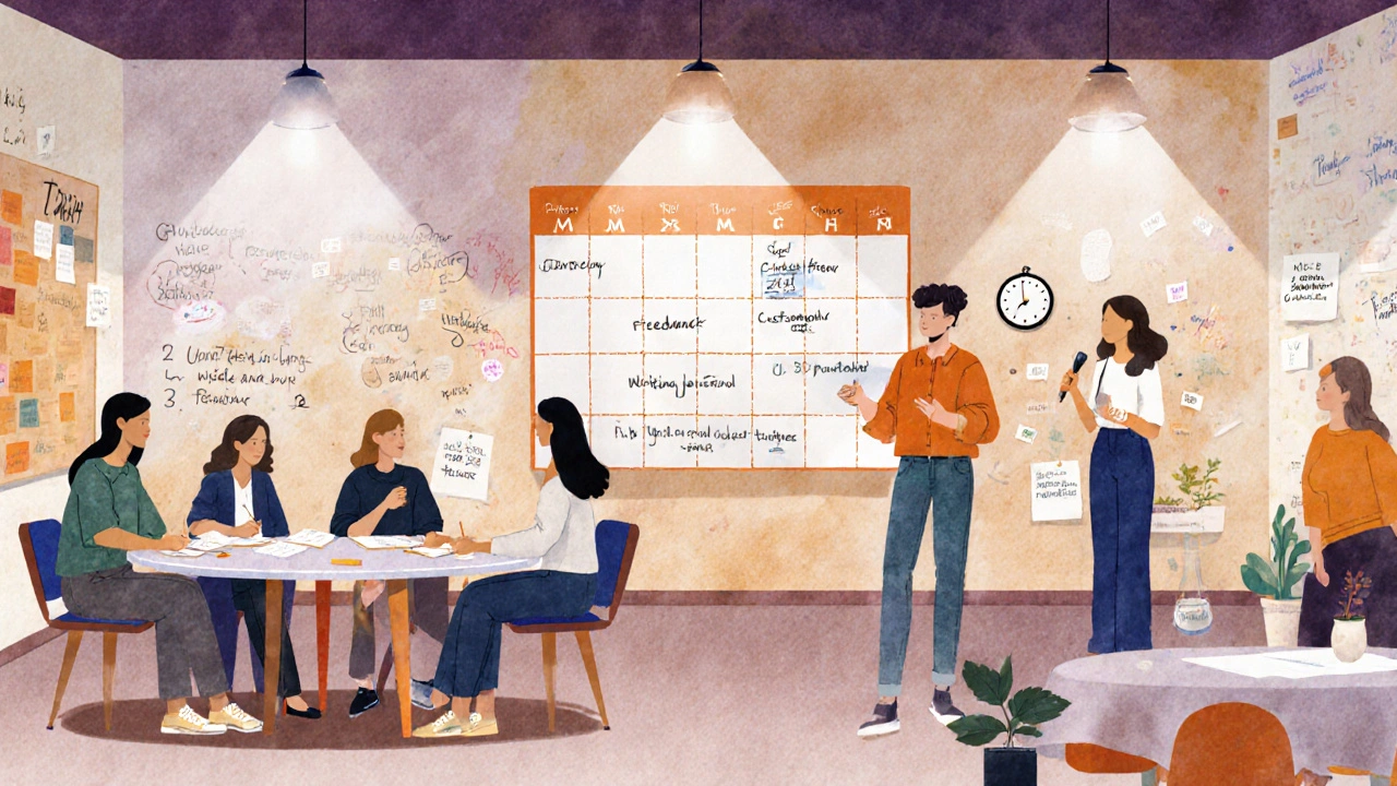 Diverse community members engaged in three interactive learning activities: feedback circle, writing sprint, and guest talk.