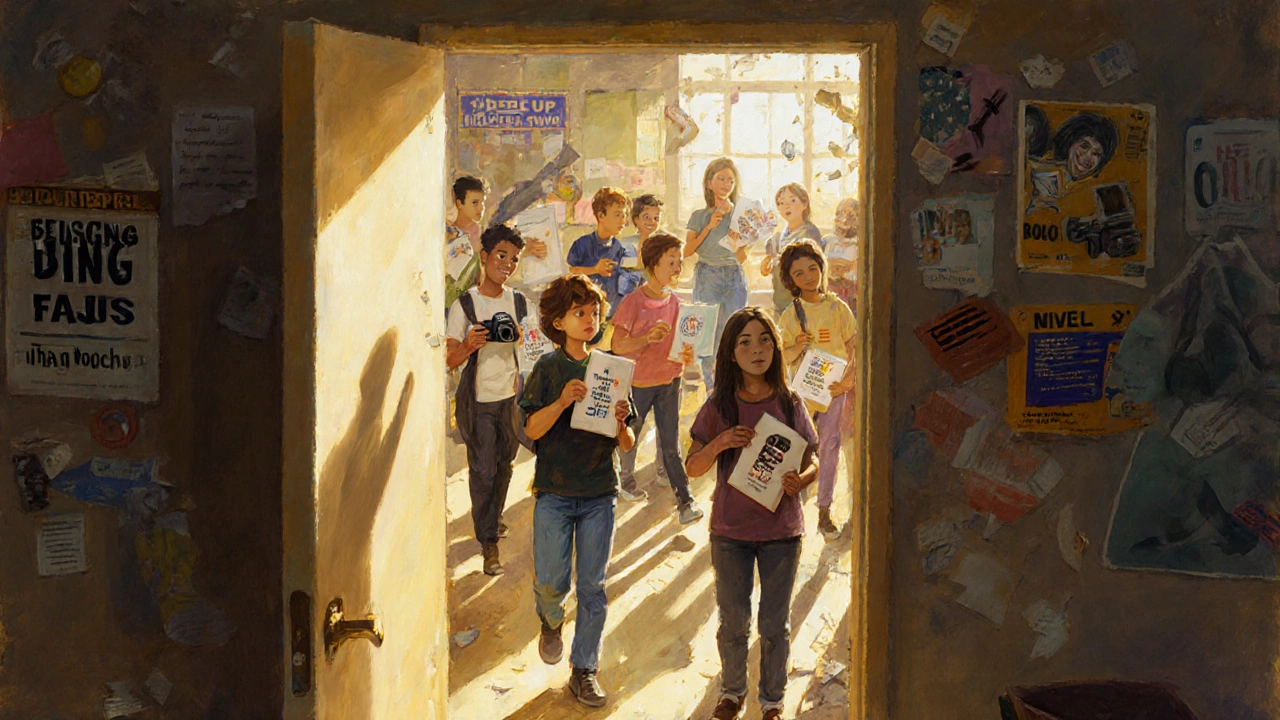 Diverse learners holding mastered skills as exaggerated marketing claims fade behind them in golden light.