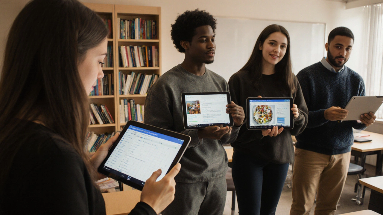 Diverse students presenting full-stack portfolio projects in a classroom with glowing screens and GitHub links.