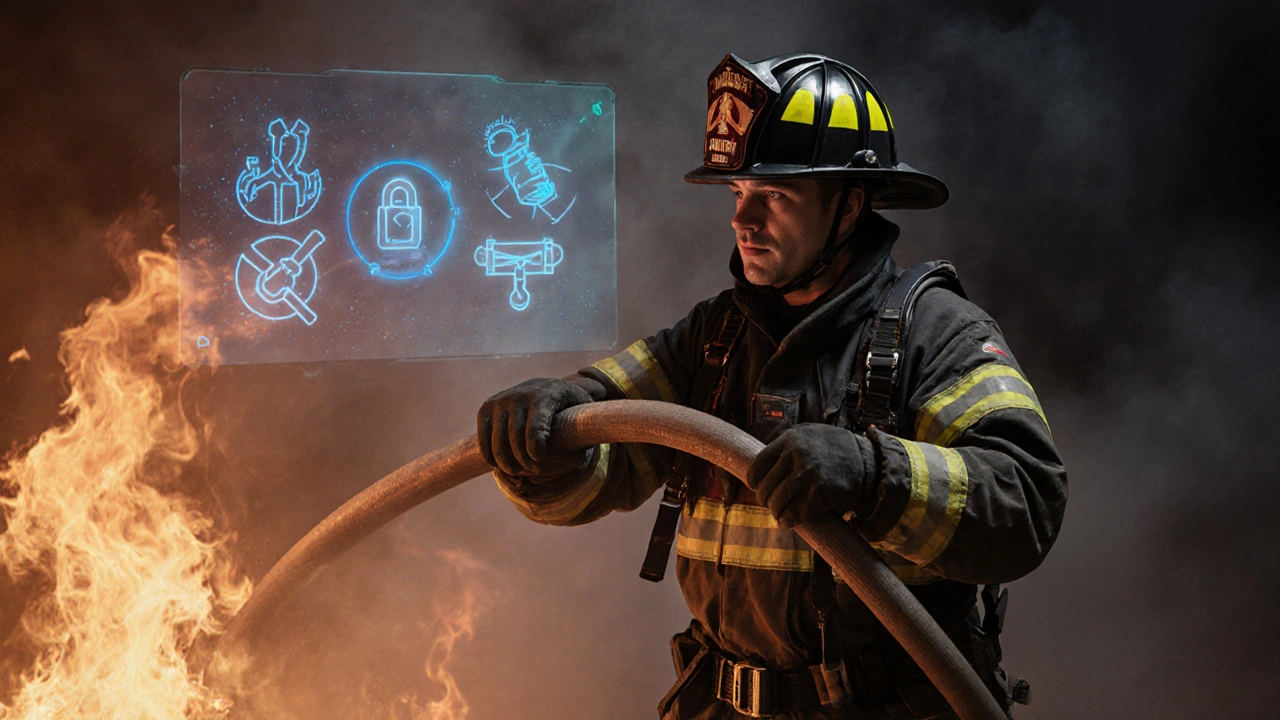 Firefighter in full gear practicing hose connection with voice-controlled visual cues.