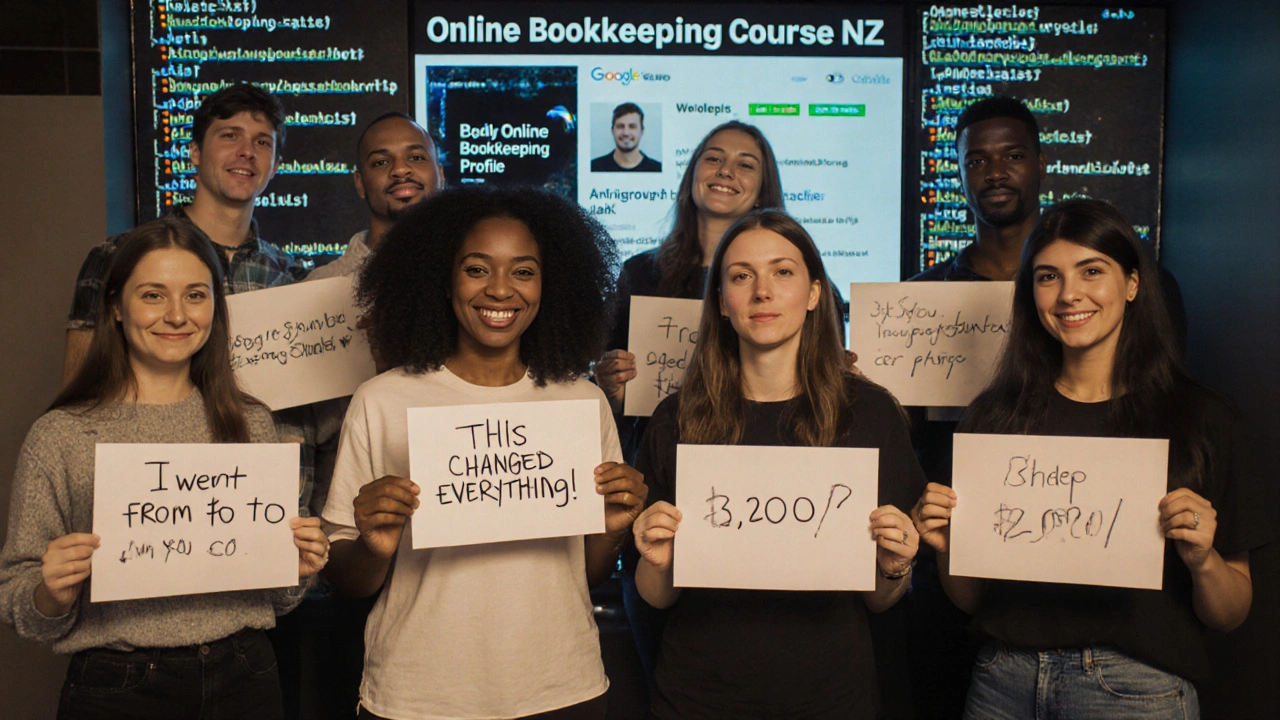 Learners holding success signs in front of glowing backlinks and local SEO listing