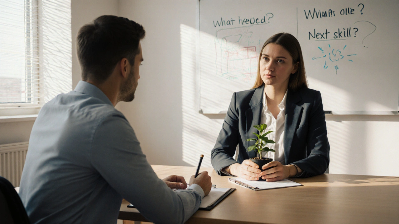 Manager and employee sharing a plant as symbol of growth during a supportive one-on-one conversation.
