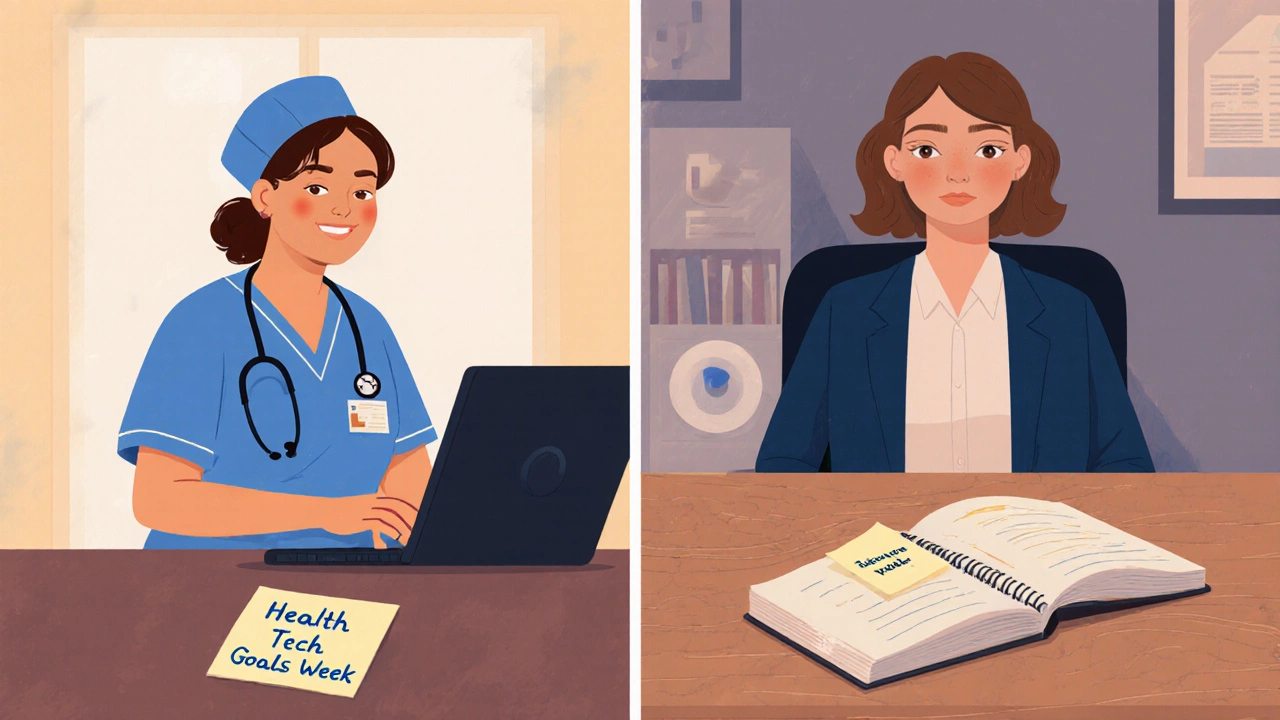 Nurse and health tech professional connected via video call, showing a career transition in progress.