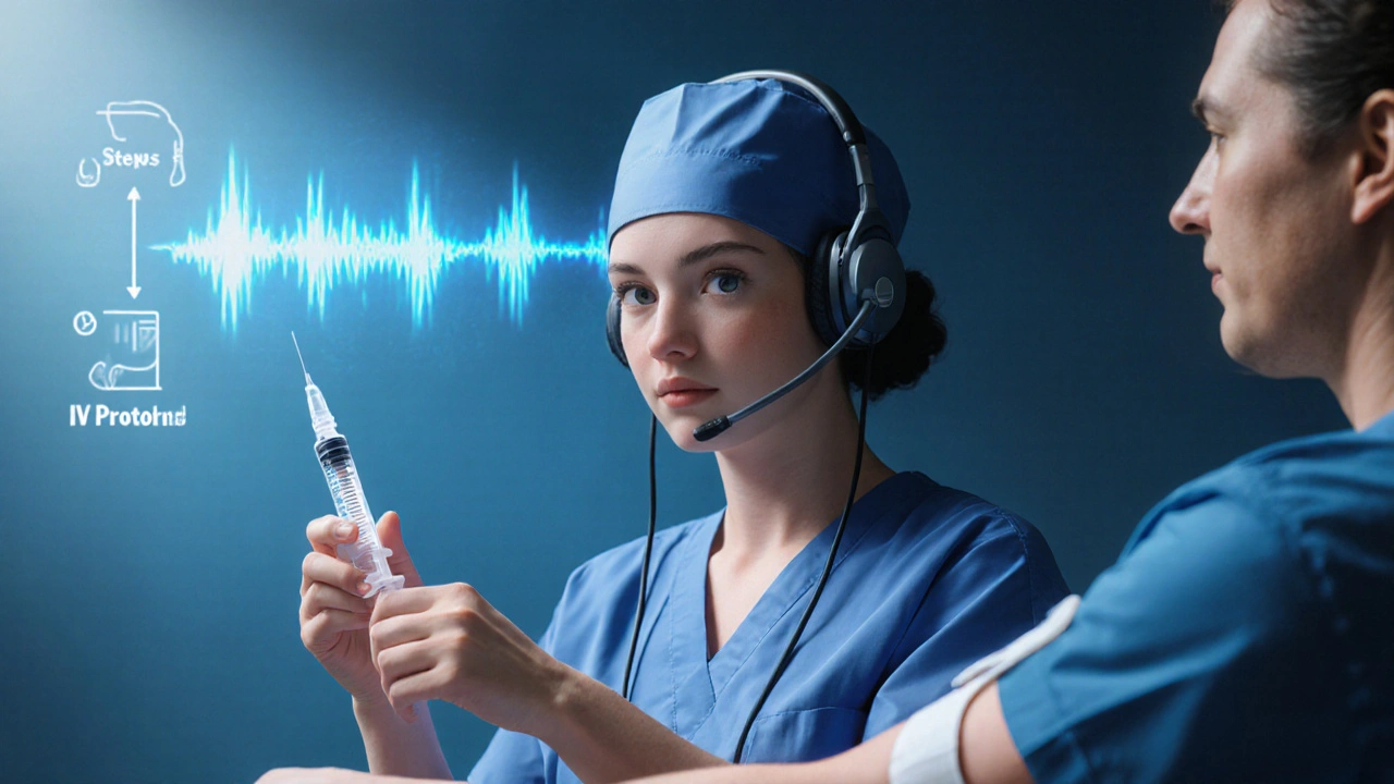 Nurse performing IV setup with voice guidance, syringe in hand, no devices visible.