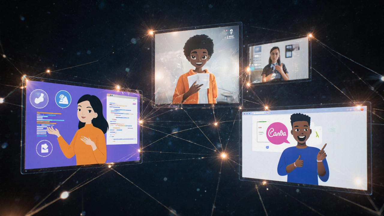 Online learners presenting projects in a virtual competency review with glowing connection lines