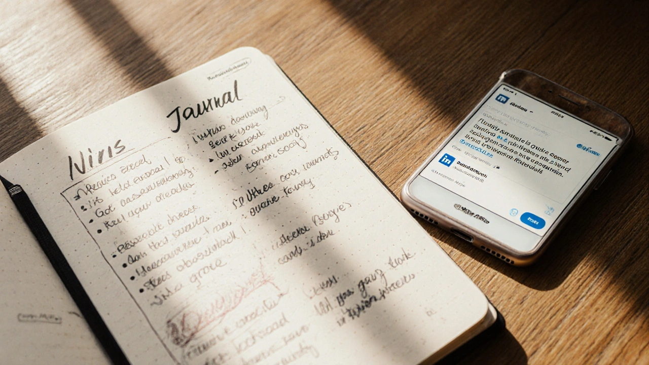 Open journal listing small career wins next to a LinkedIn message about switching careers.