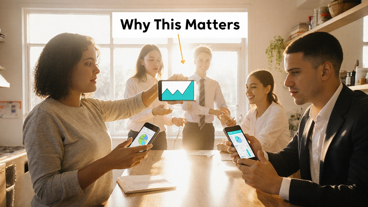 People in everyday settings holding phones displaying real-life outcomes from their learning.