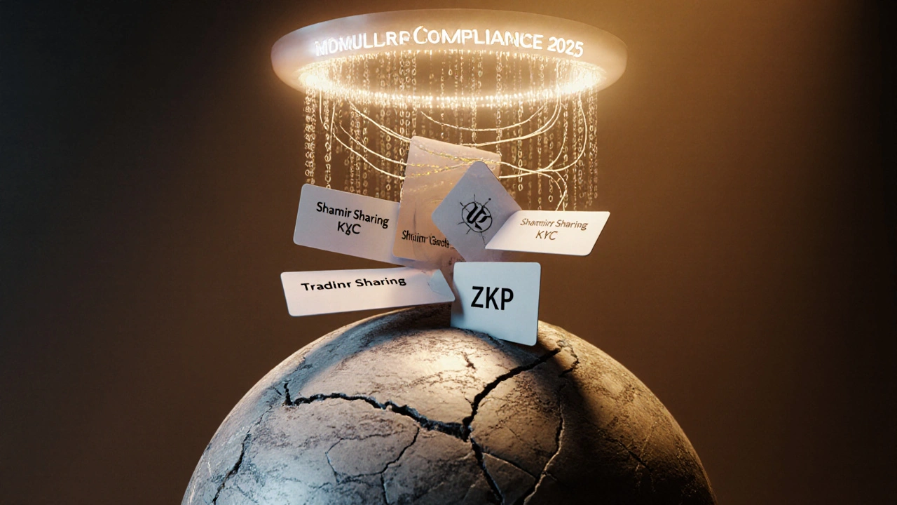 Physical security cards and digital proofs rising from a broken KYC globe into a halo of modular compliance.