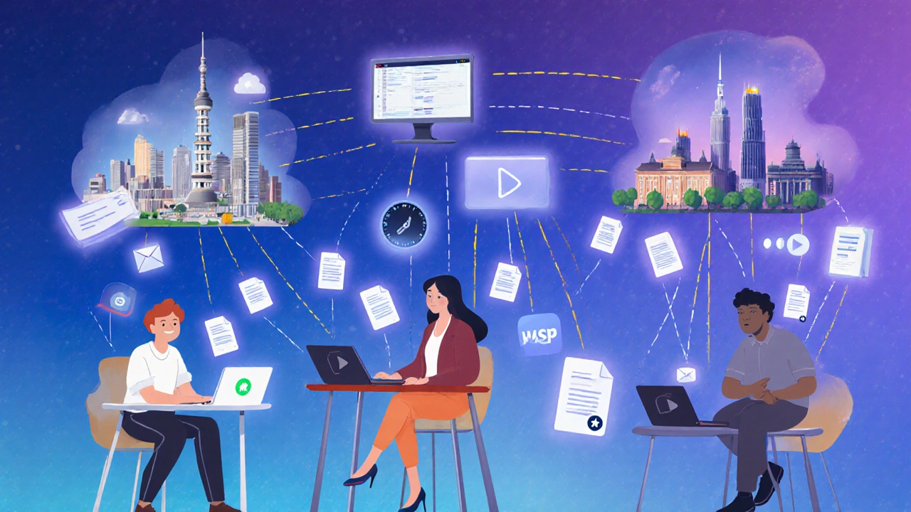 Remote workers across time zones connected by digital messages and video updates in a soft gradient.