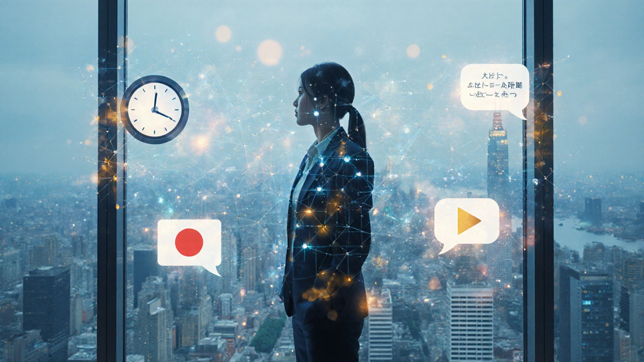 Sales rep receiving real-time AI tips for a client call, visualized as floating icons.