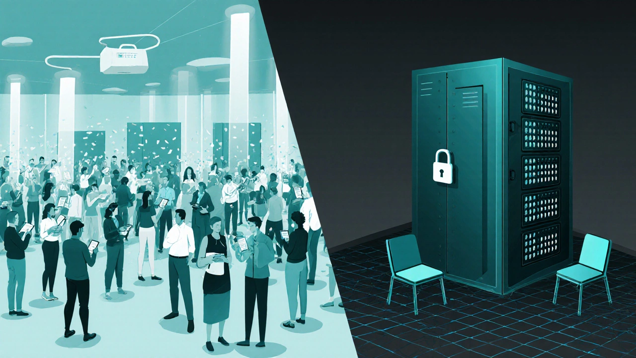 Split-screen showing users verifying data versus a single server hoarding it, representing modular vs. monolithic blockchains.