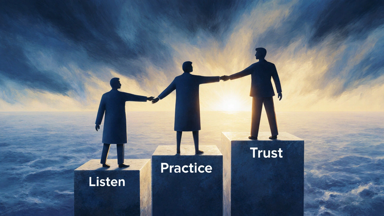 Three figures forming a chain of trust across stepping stones labeled Listen, Practice, Trust.