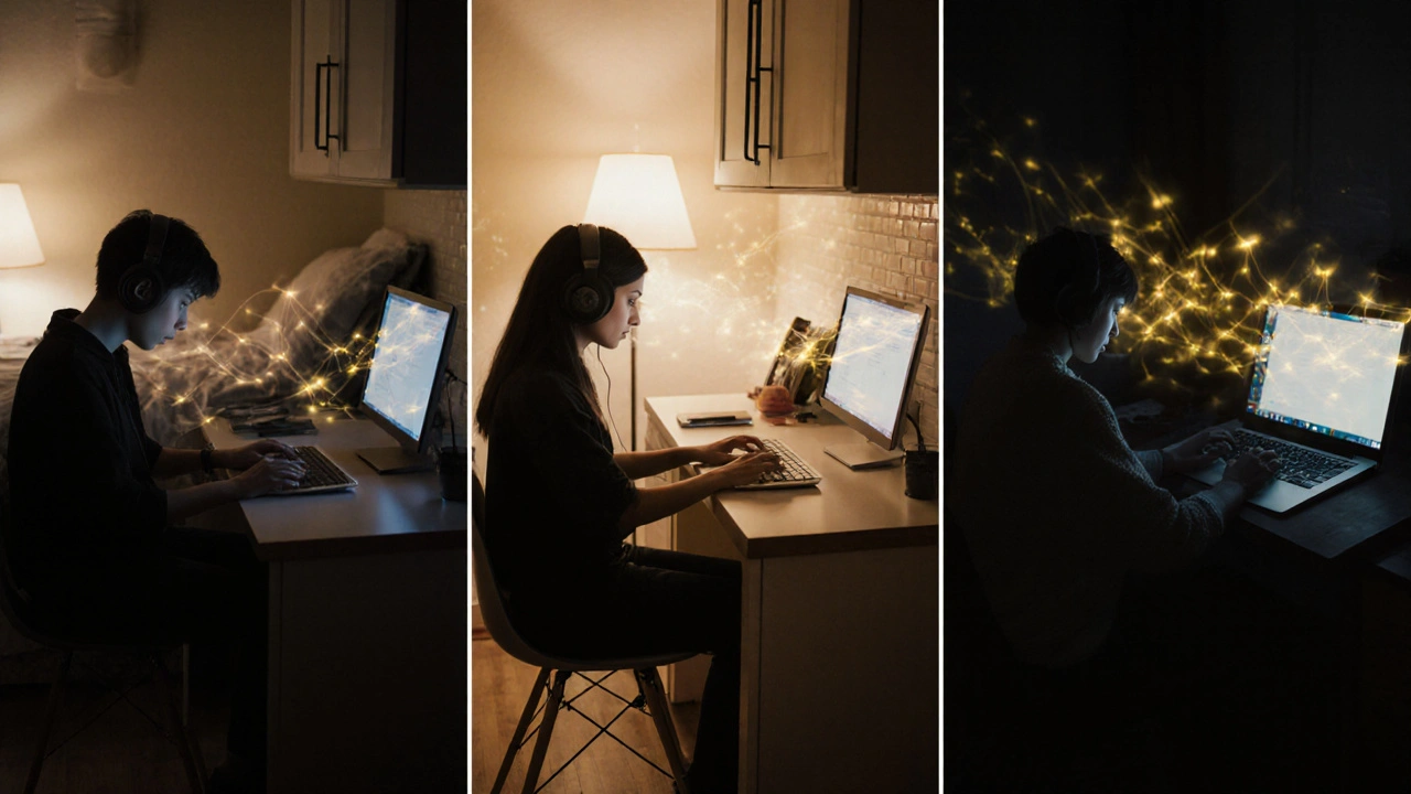 Three silhouetted students in different rooms participate in a quiet virtual study session, connected by subtle sound waves.