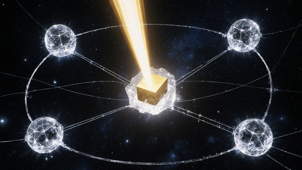 Transparent data nodes emitting sampling beams that expose a hidden fraudulent block in a starry space.