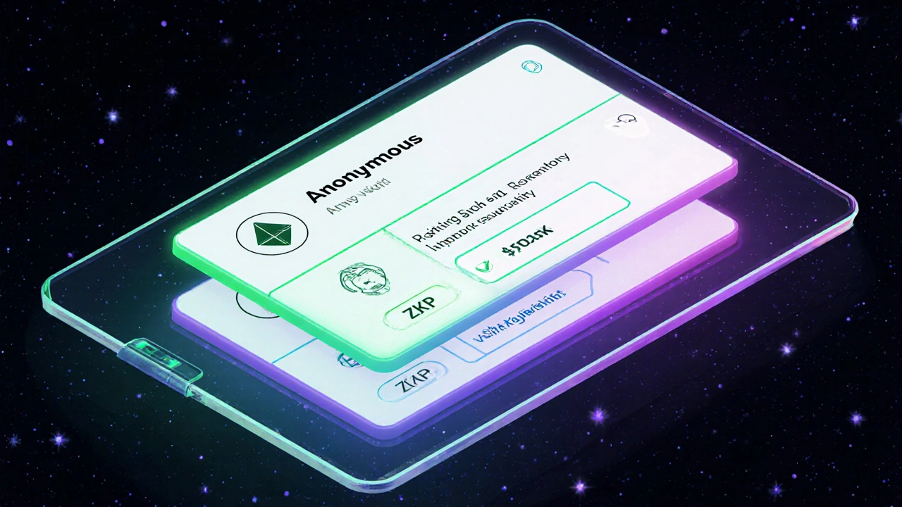 Transparent wallet interface showing three layers of optional compliance: anonymous swap, ZKP proof, and verified limit prompt.
