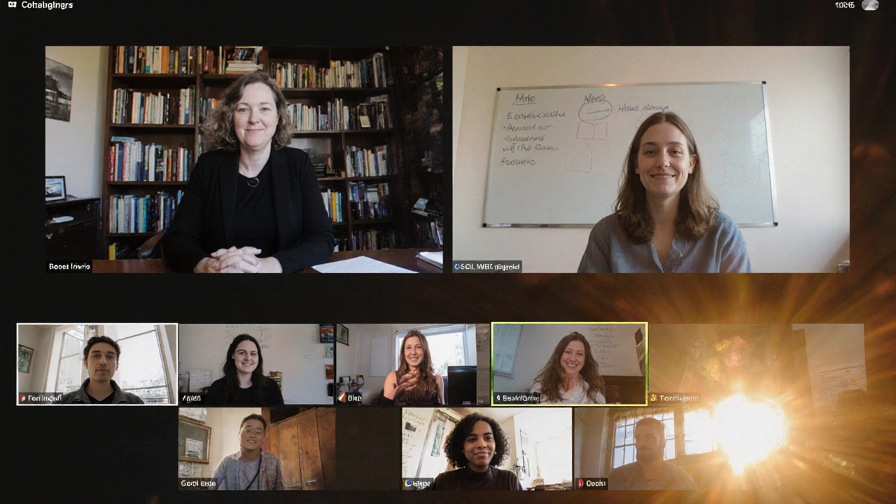 Two instructors teaching together in a split-screen online session, students&#039; avatars visible below, sharing a rubric on screen.