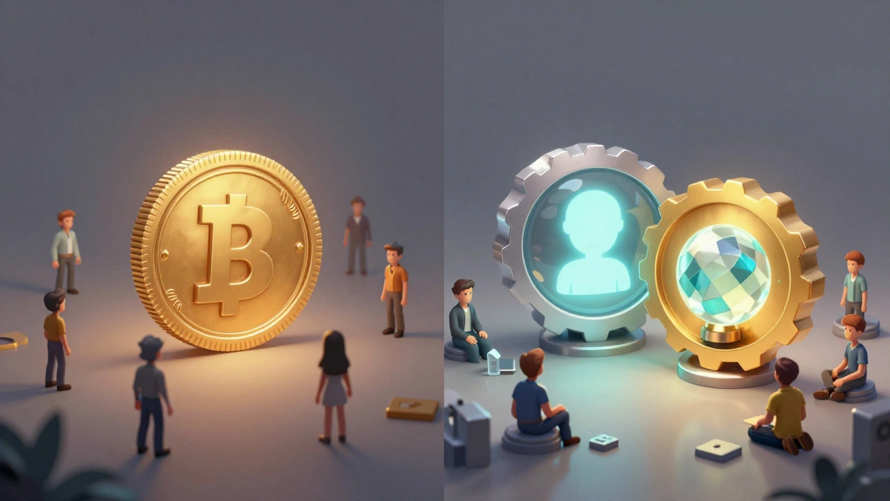 Two tokens: one for spending, one for voting, with players engaged in building and governance in a clean sci-fi setting.