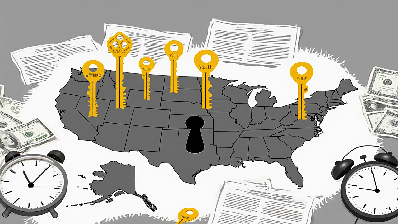 U.S. keyhole with 46 state keys, only three inserted, scattered documents and clock on table, minimalist gold and gray tones.