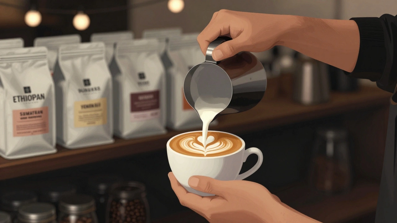 A barista pouring milk to create a heart-shaped latte art in a ceramic cup.