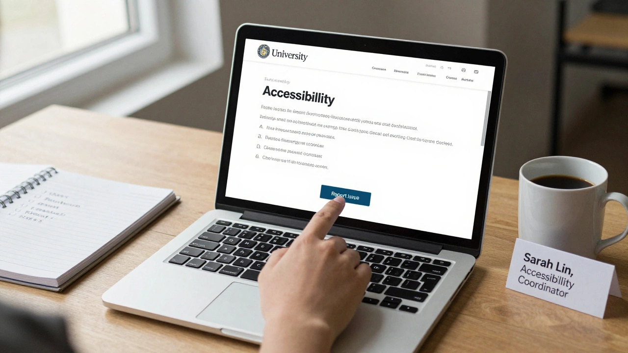 A clear accessibility statement on a laptop screen with a hand clicking to report an issue, beside a checklist and name tag.