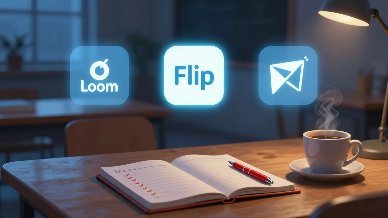 A digital dashboard showing teaching tools and a checklist on a desk at night, with steam rising from a coffee cup.