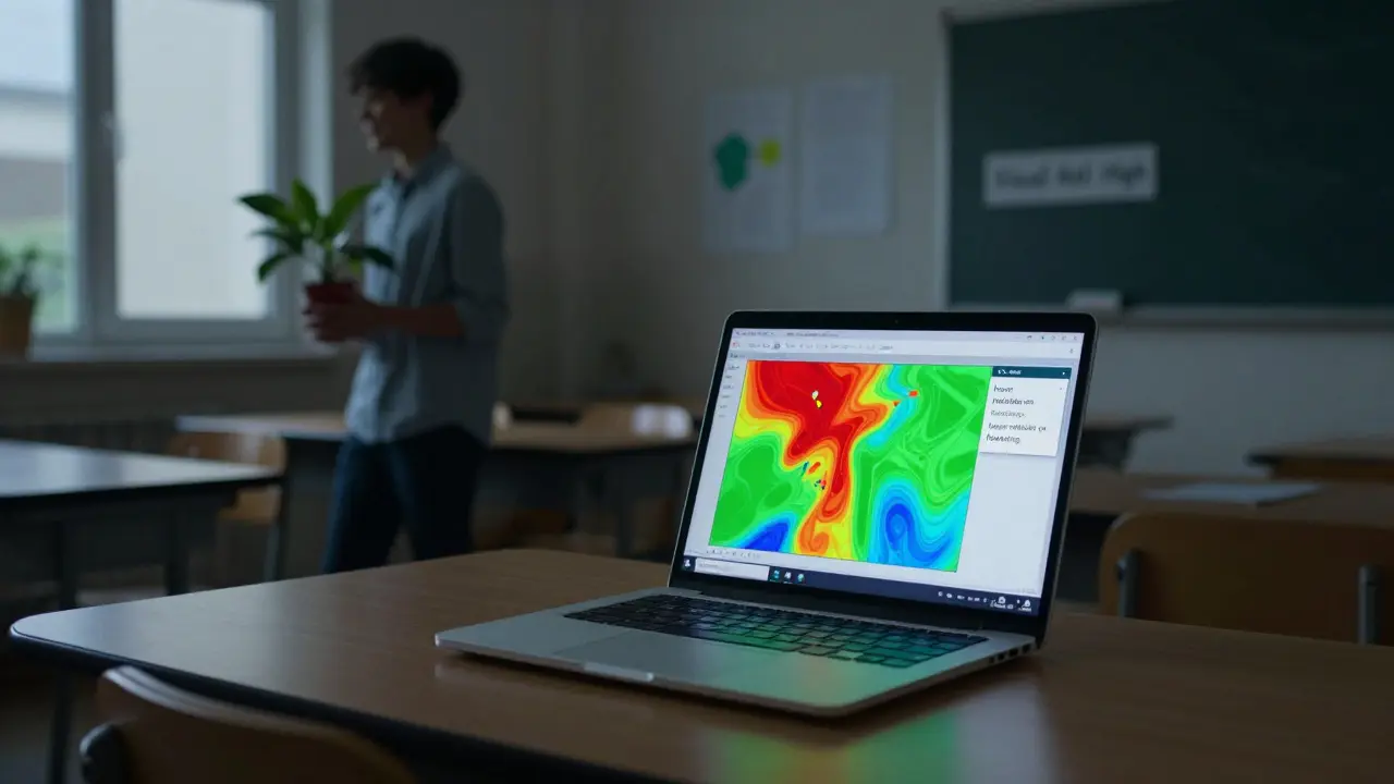 A laptop displays student interaction heat maps at night, with an AI suggestion to insert a refresher lesson.