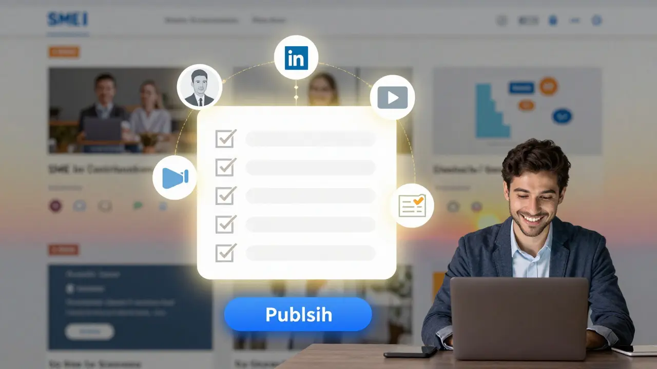 A launch checklist connected to SME contributions and a learner, symbolizing successful collaboration.