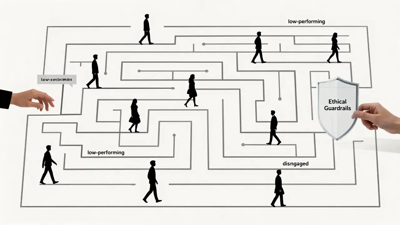 A maze of data streams with students navigating paths, some trapped, one protected by ethical guardrails.