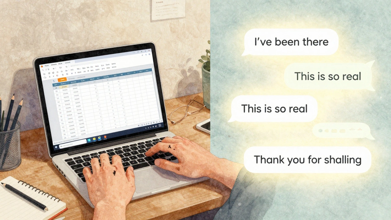 A messy desk shows a screen recording of someone struggling with a spreadsheet, surrounded by supportive comments.