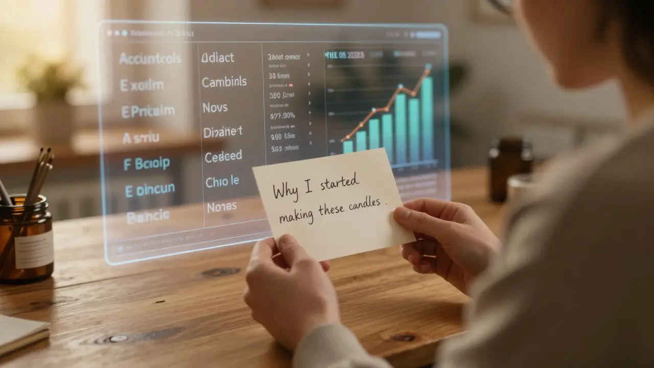 A small business owner writing a personal note while AI analytics glow softly behind them.