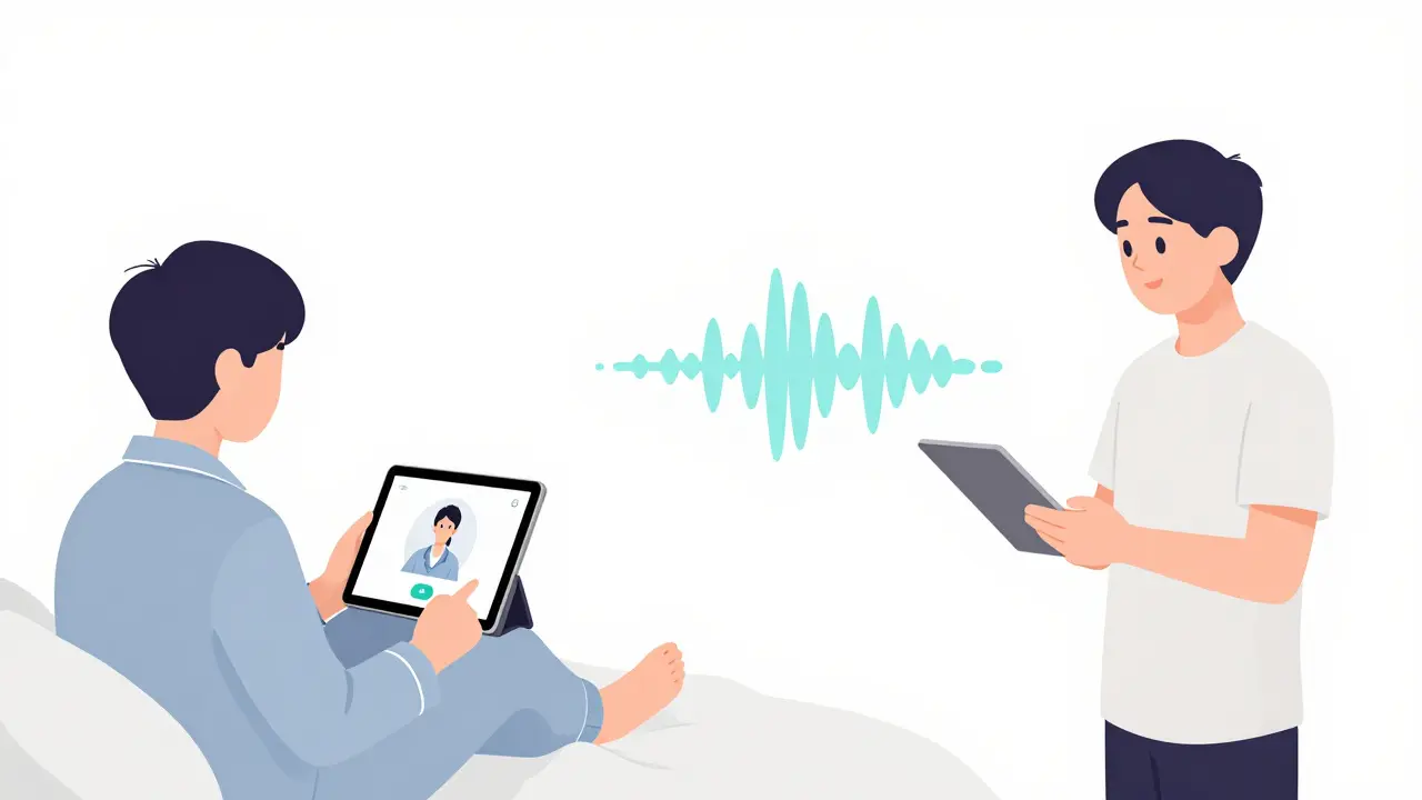 A student watching a short video lesson in bed, with a floating audio icon representing the instructor's voice.