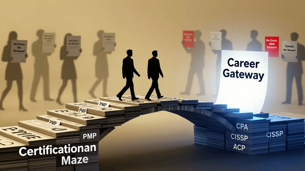 A symbolic bridge of respected certifications leads to a career gateway, while flimsy certificates fade in the shadows.