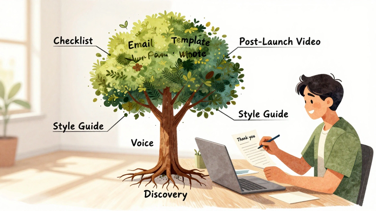 A symbolic tree representing brand strategy with roots, trunk, and branches labeled with key components.