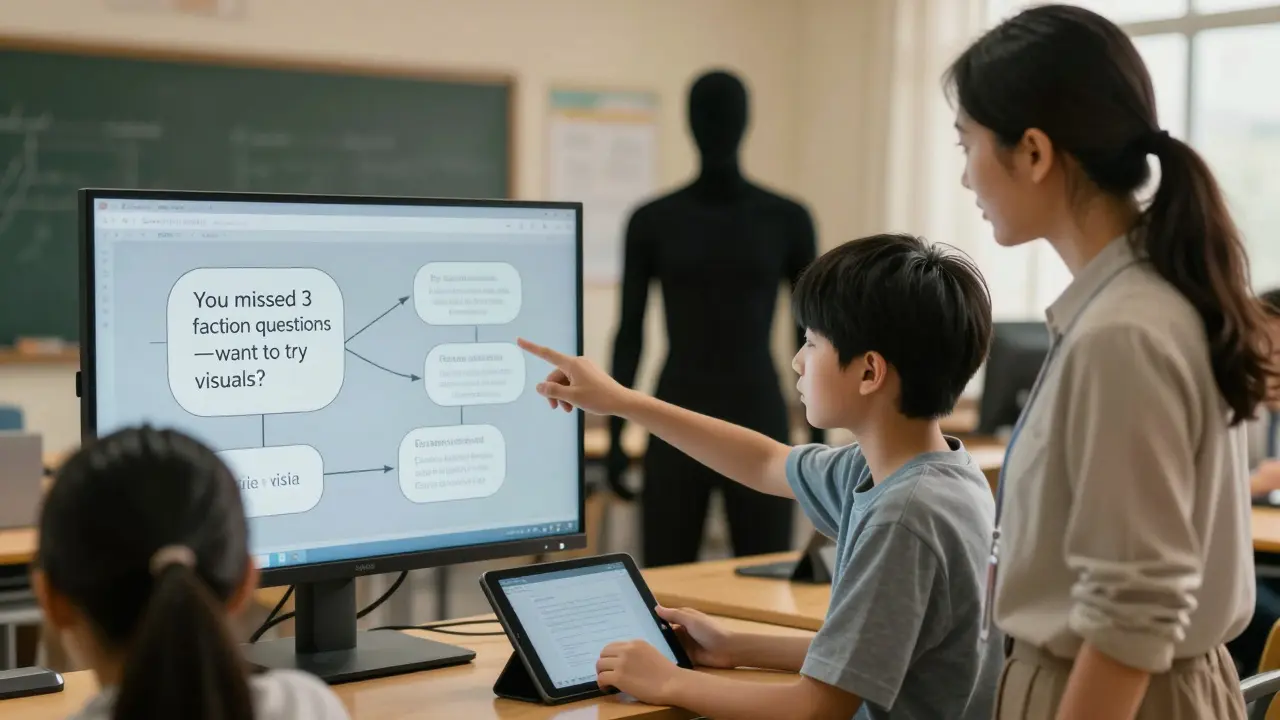 A teacher and student reviewing an algorithm's simple explanation on a dashboard, while AI fades into background.