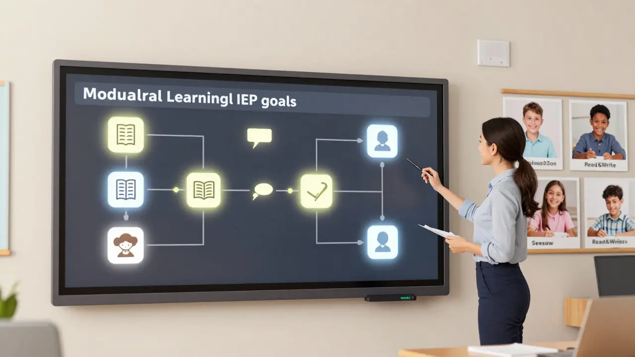 A teacher presents a modular digital learning path tailored to individual student goals on a classroom screen.