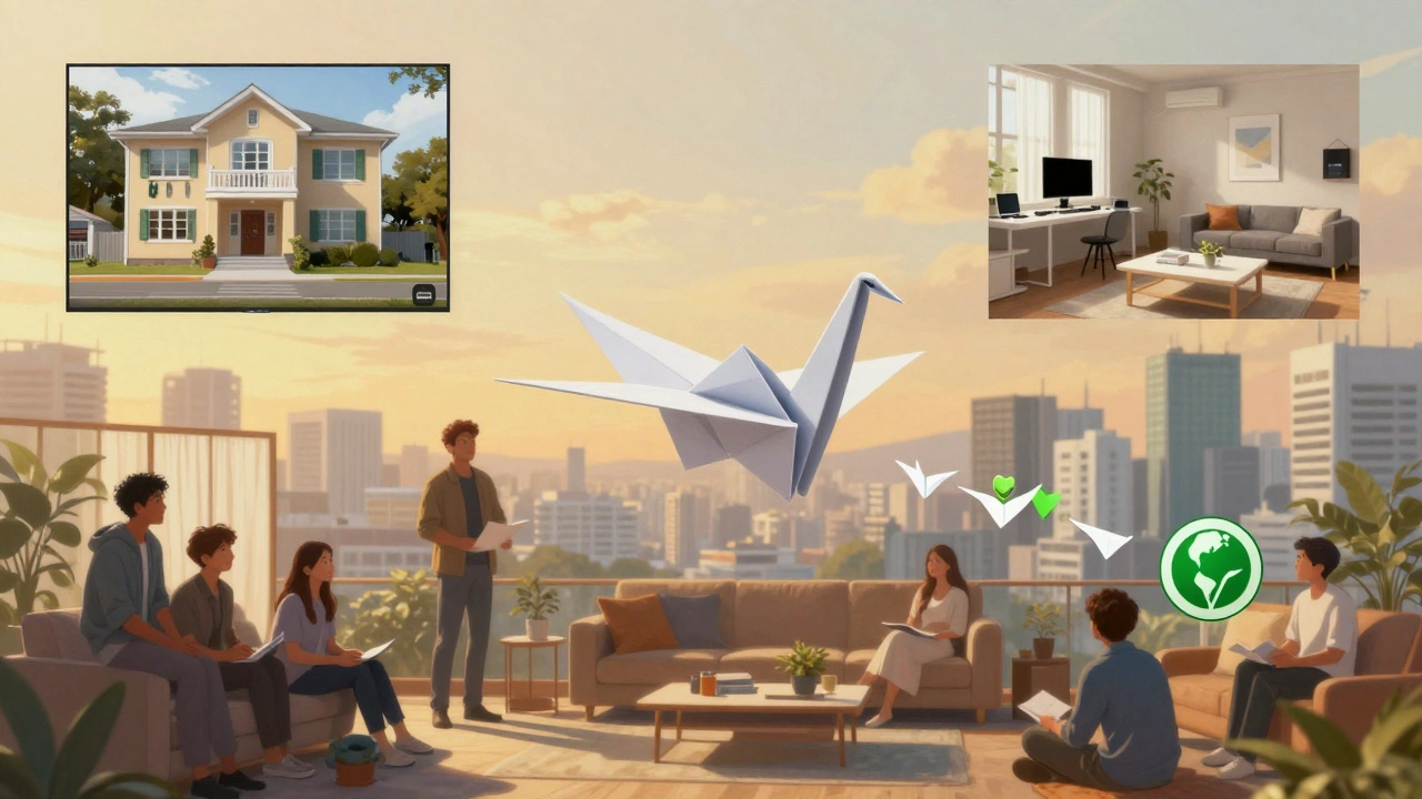 A video file turning into a paper crane flying across continents, symbolizing global collaboration with zero carbon footprint.