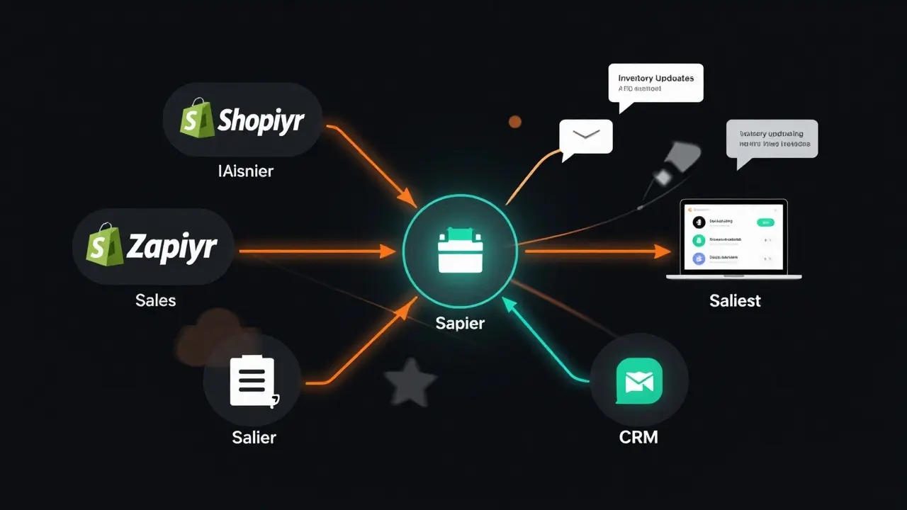 An abstract network of glowing nodes syncing sales data, inventory, and personalized emails.