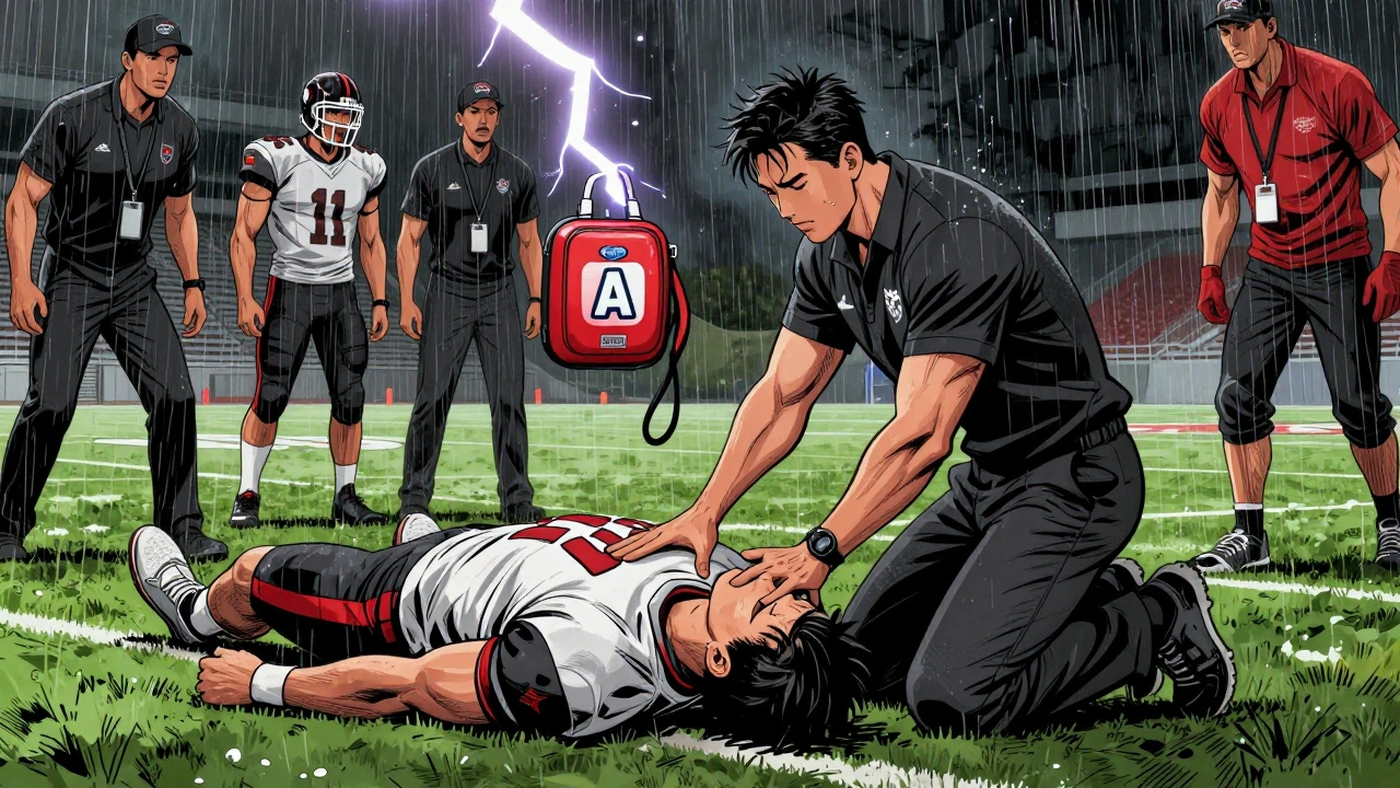 Athletic trainer responding to a collapsed football player on a rainy field with AED in hand.