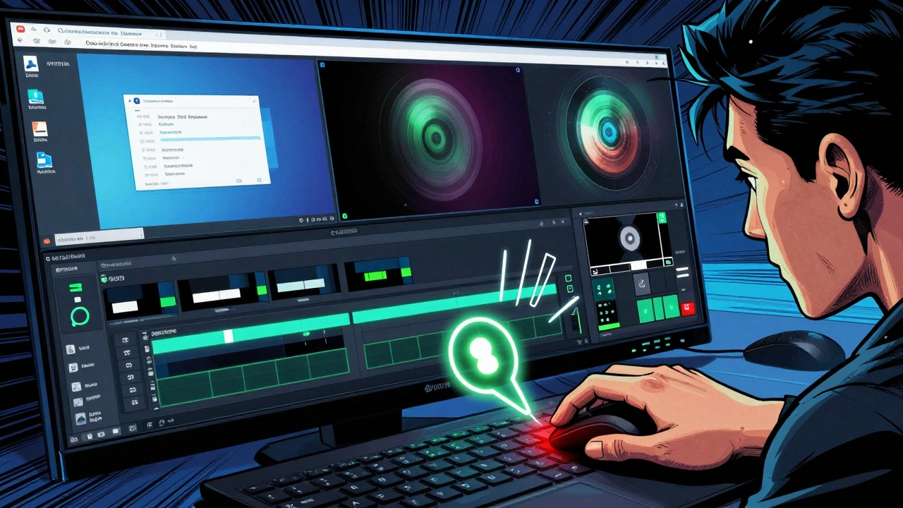Comic-style scene of OBS Studio capturing screen, webcam, and keystrokes with neon UI elements.