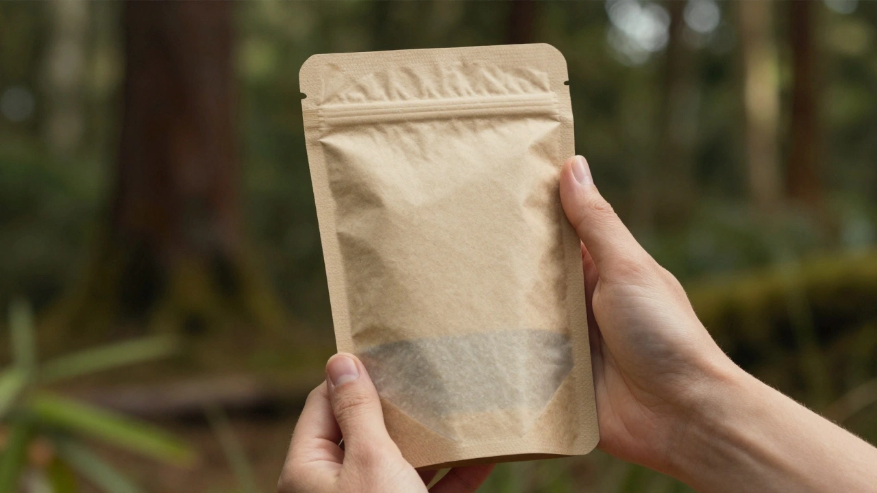 Compostable coffee pouch held in hands, showing natural texture and matte finish under soft light.