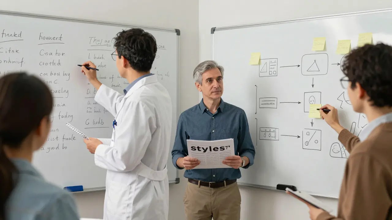 Contrasting styles of knowledge sharing: academic notes vs. simple sketches, bridged by an instructional designer.