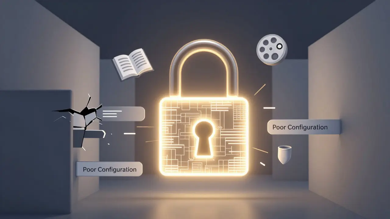 Digital lock protecting educational assets like books and videos, with data streams being restricted.