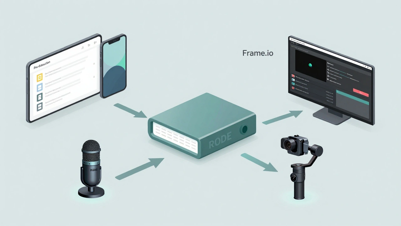 Digital workflow diagram showing remote video production tools like smartphones, microphones, and editing software connected by arrows.