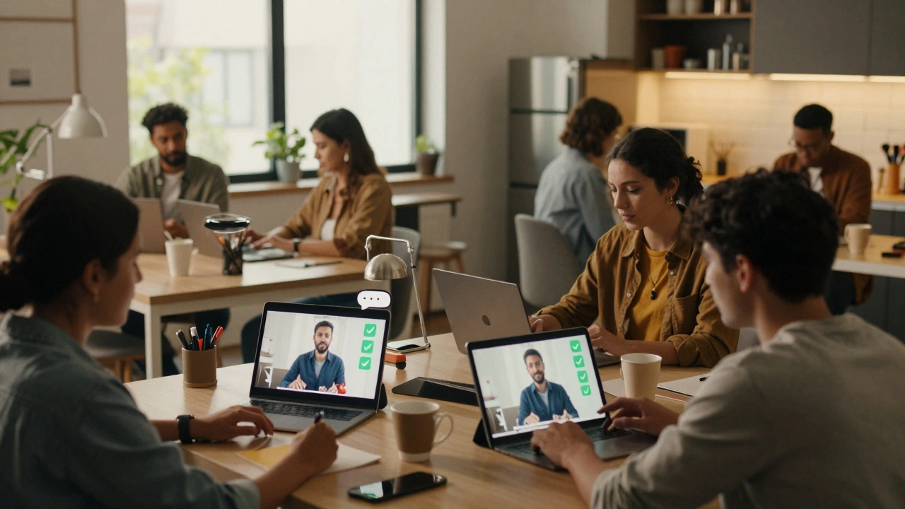 Diverse remote workers watching short training videos at different times of day in their home environments.