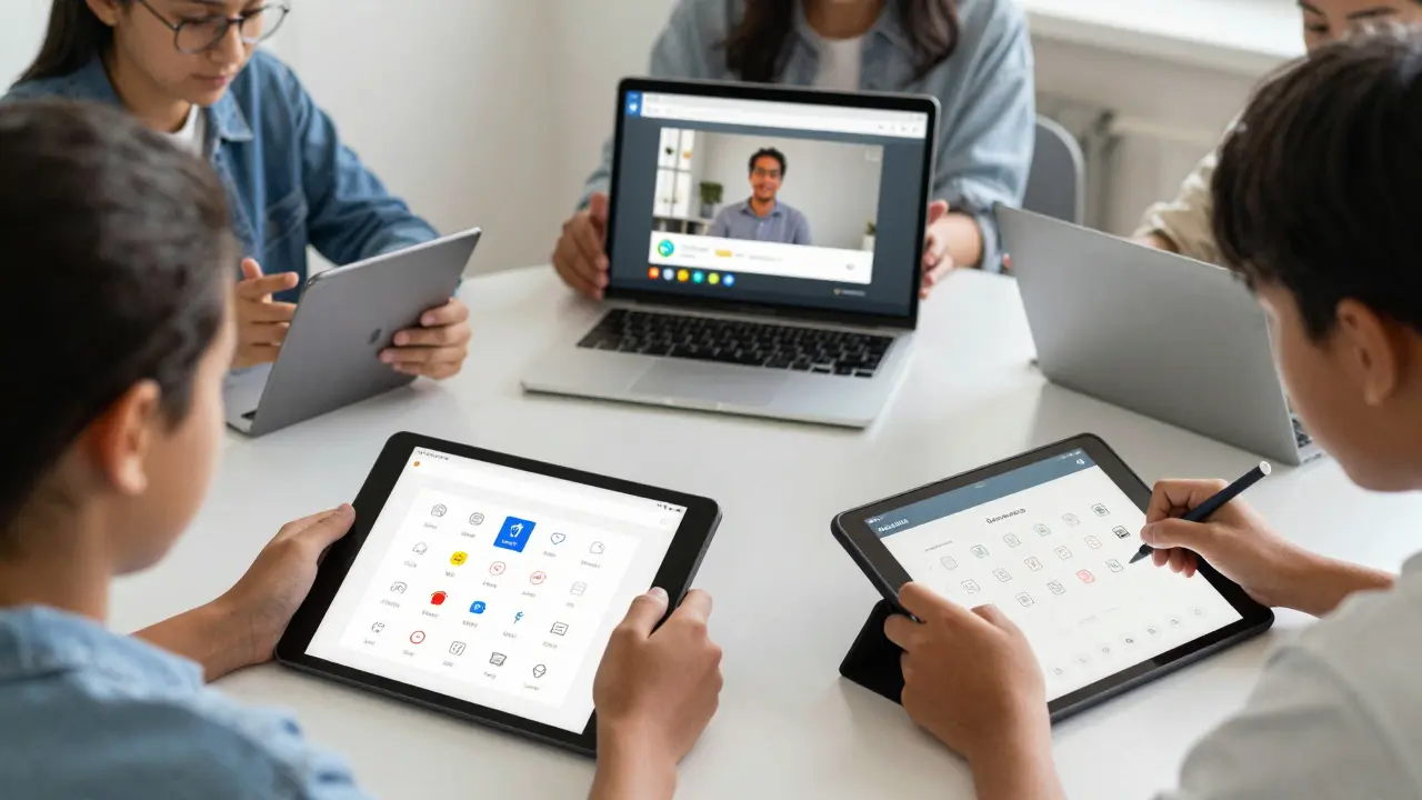 Diverse students using accessible online learning tools at home—voice commands, drawing, and switch devices.