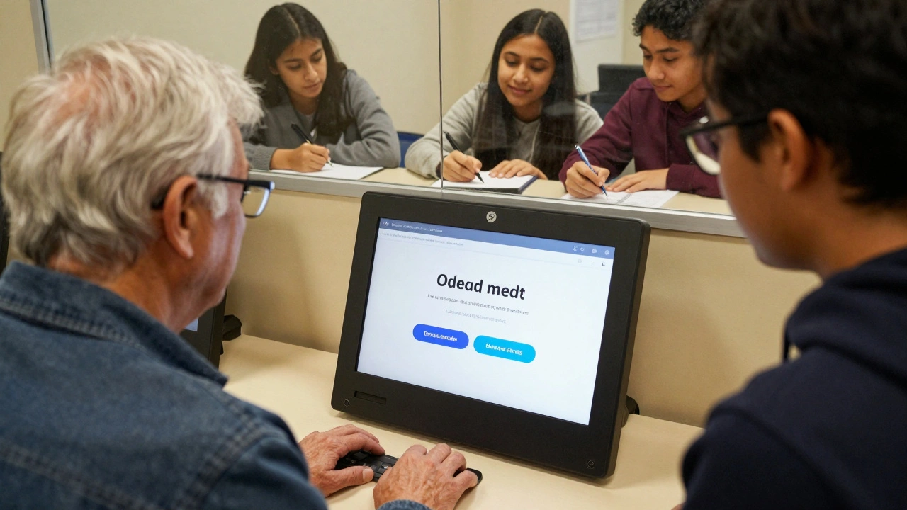 Diverse users interacting with an accessible kiosk interface while designers observe.